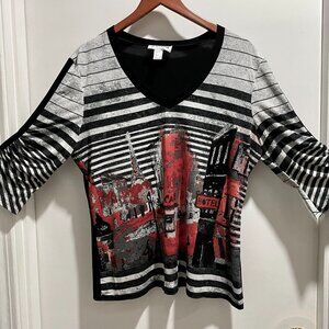 Joseph Ribkoff Paris Rockabilly Boho Stretch V-Neck 3/4 Sleeve Blouse Top XL 18